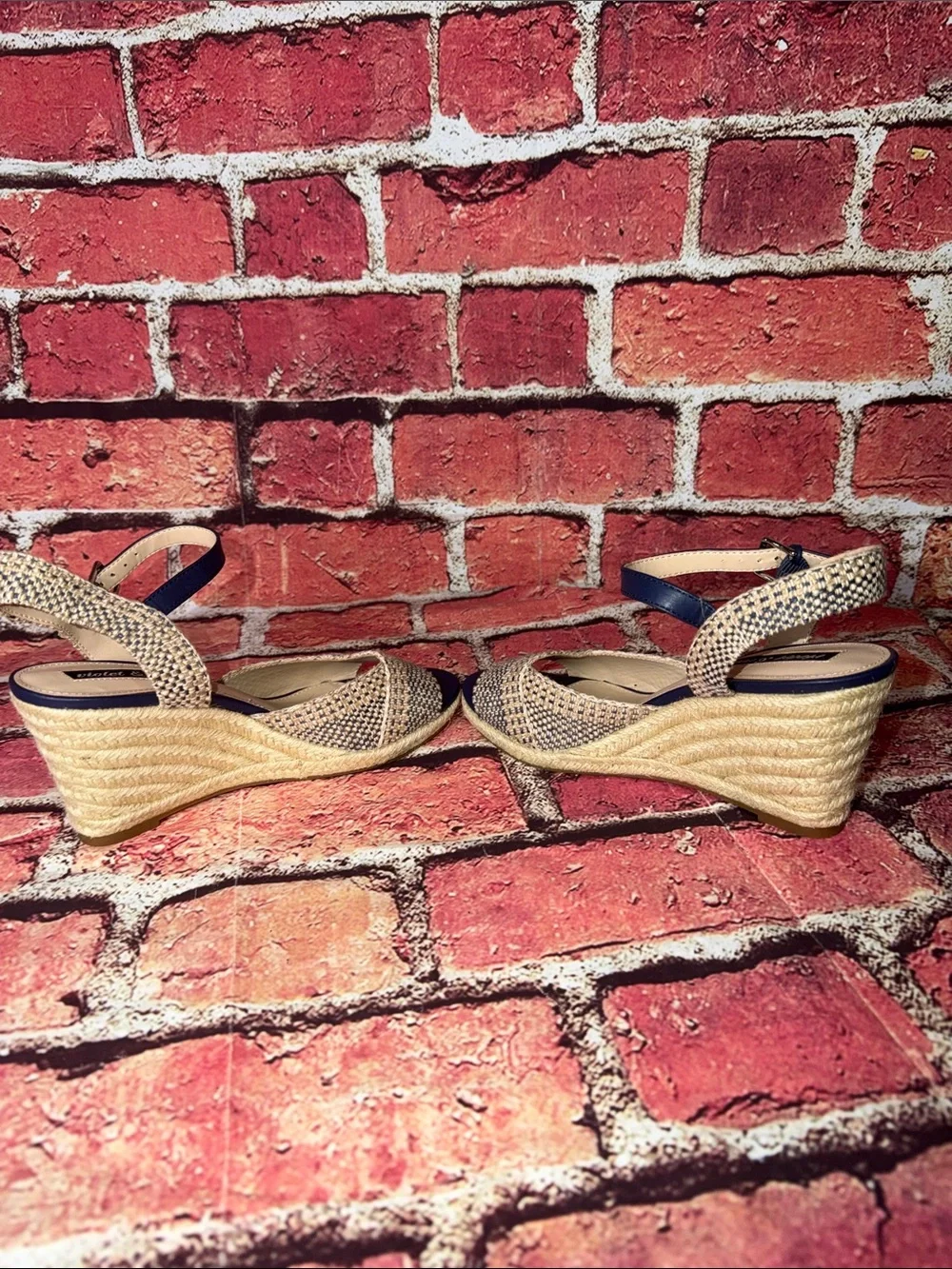 Violet & Red Micah Wedge Espadrille Sandals Size 8M Navy Tan Ankle Strap